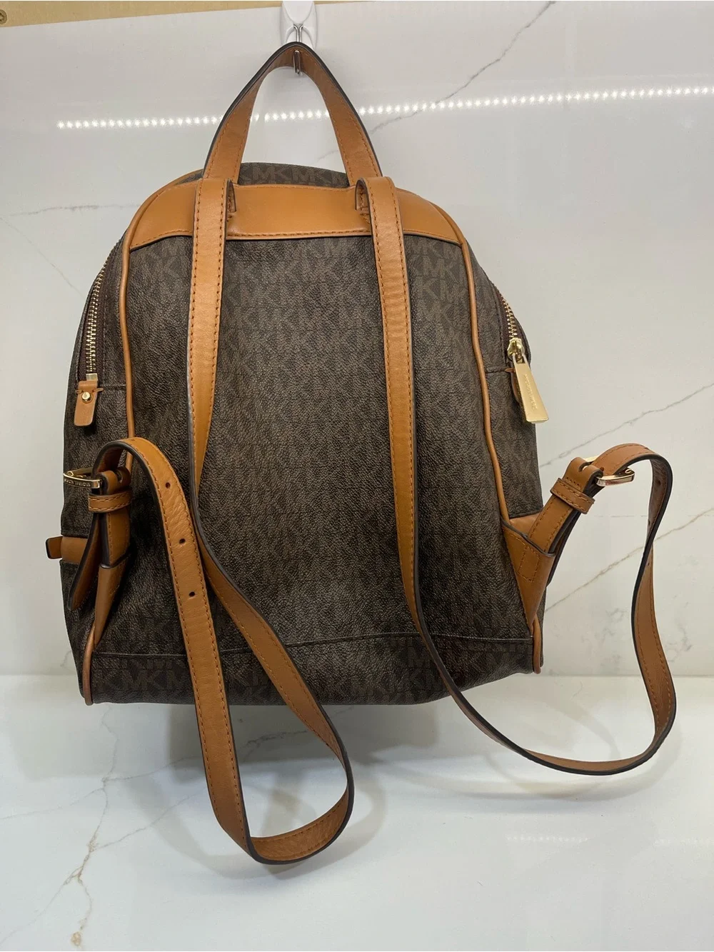 Michael Kors Brown MK Signature Logo Backpack Tan Gold Hardware